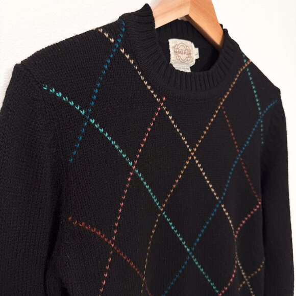Vintage Brass Plum Black Diamond Knit Shetland Wool Crew Neck Sweater Size Large - Picture 6 of 13